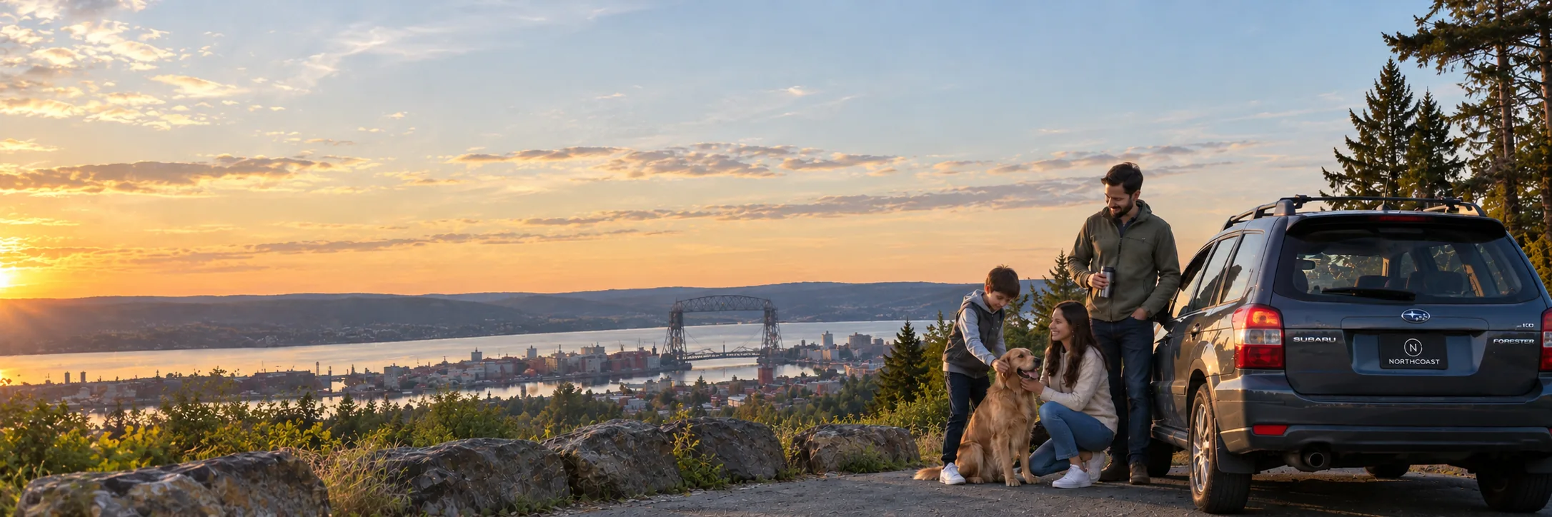A family and their dog beside a Northcoast SUV, overlooking Duluth, MN and the Aerial Lift Bridge at sunset